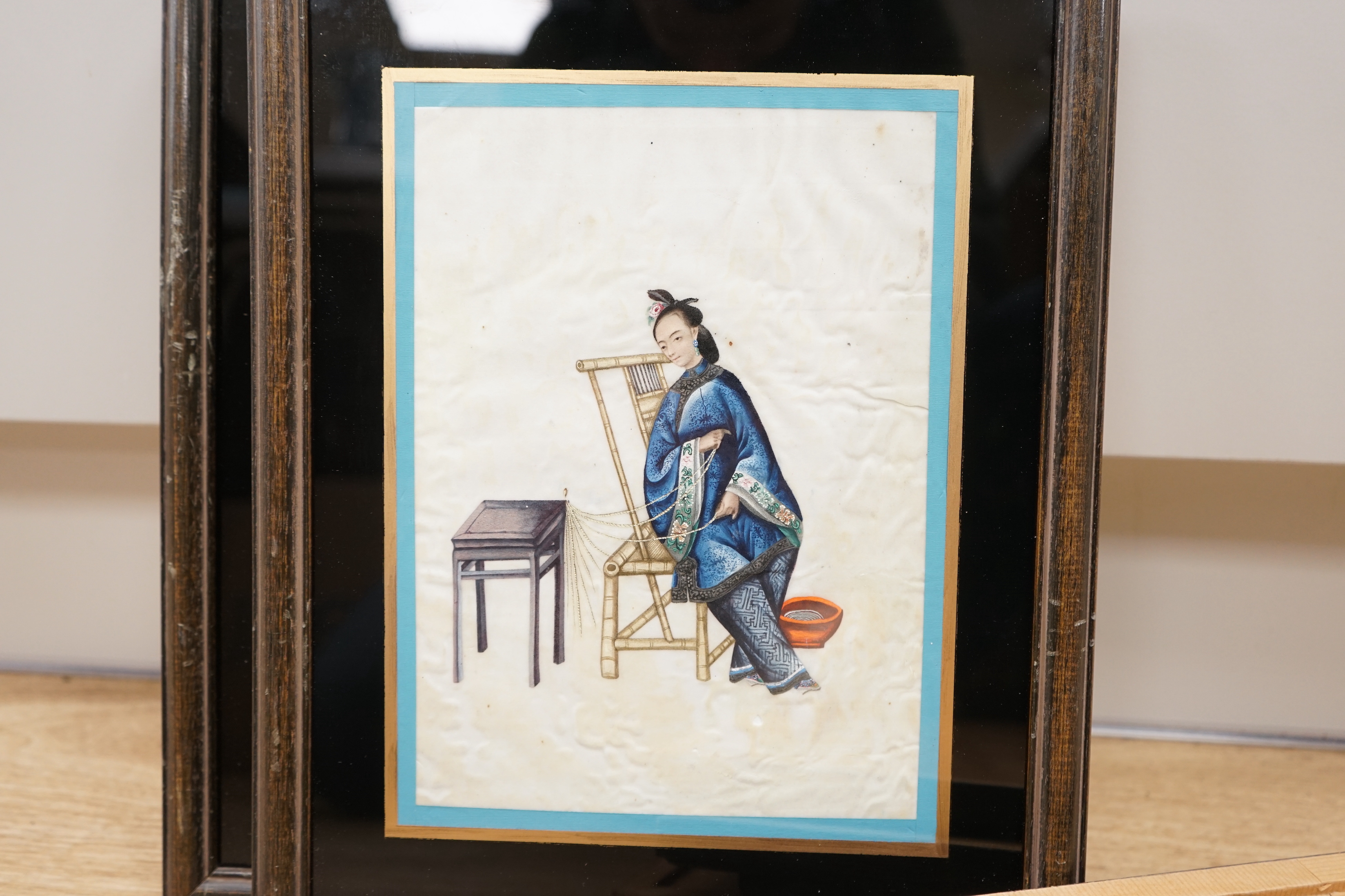 19th century Chinese School, set of six pith paper paintings, 'Ladies at work', 23.5 x 16.5cm